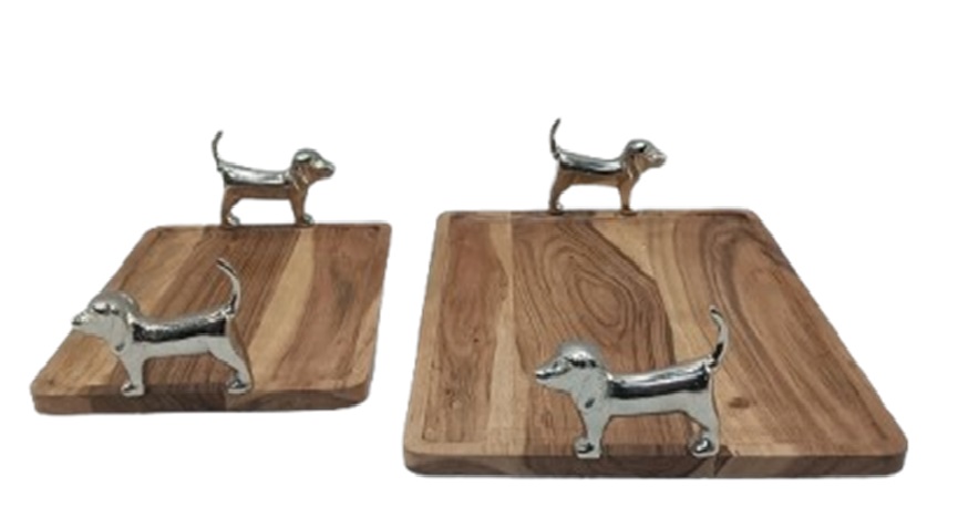 Tablett Akazie Hund Alu Nickel 42cm