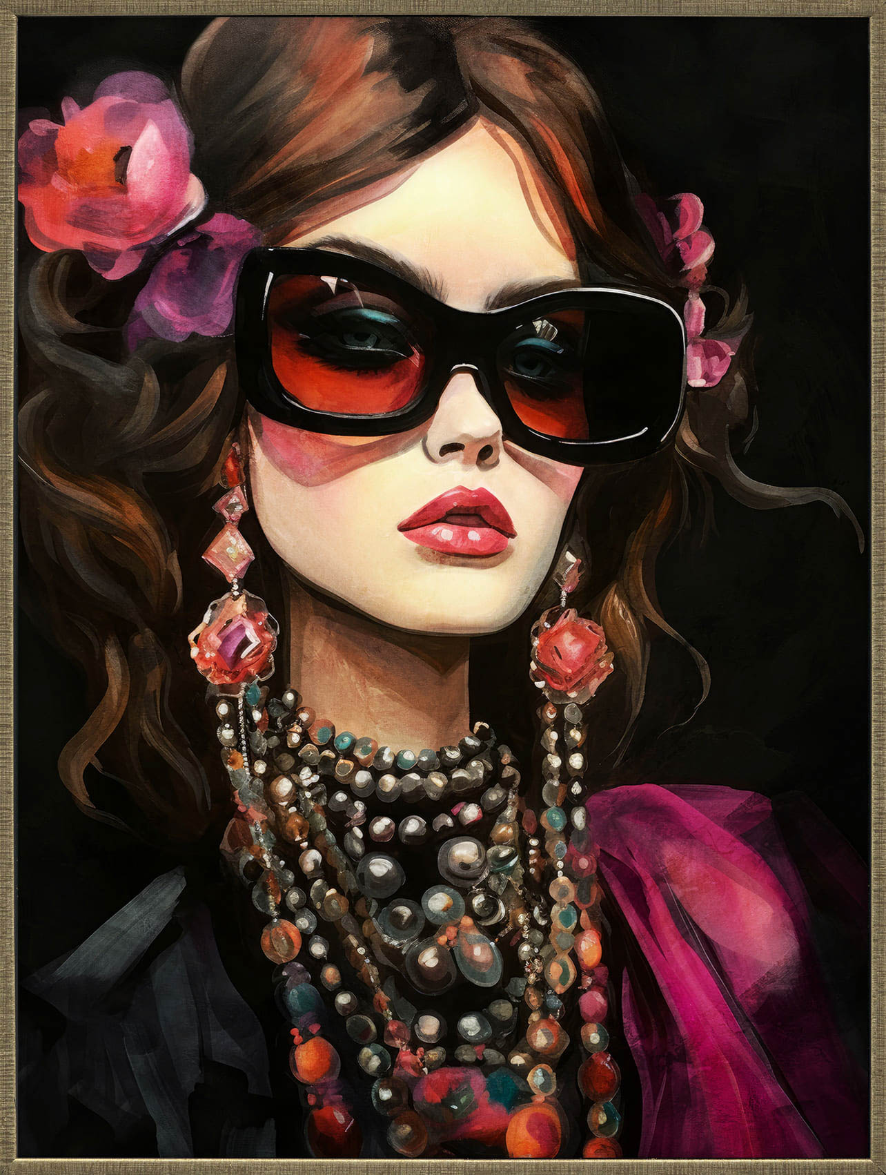 Wandbild gerahmt Lady mit Sonnenbrille und Ketten 90x120cm