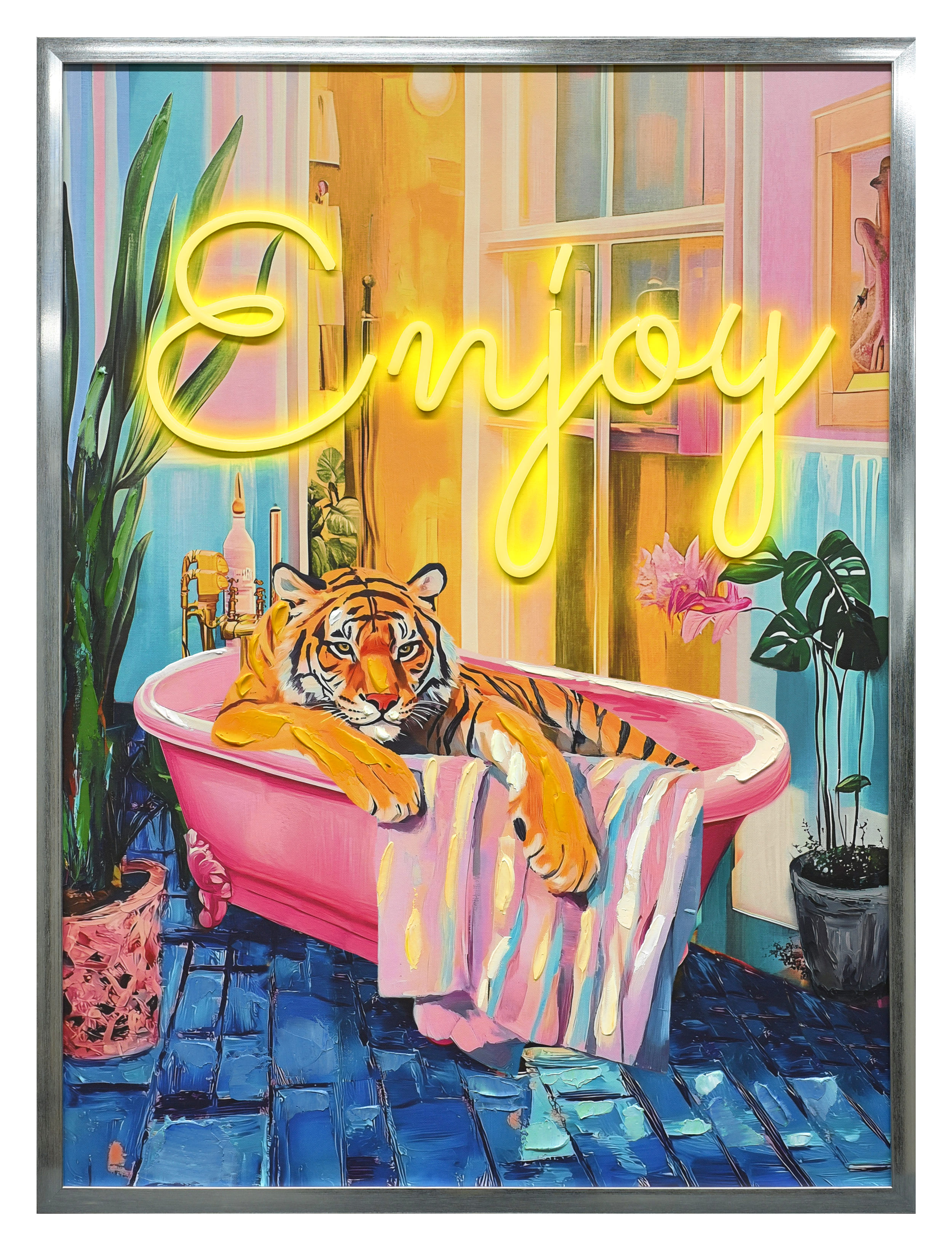 Wandbild Frame LED bathing tiger 60x80cm